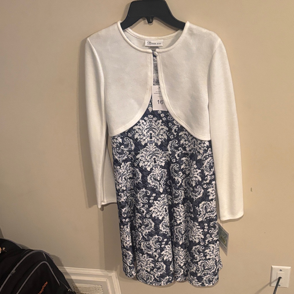 Bonnie Jean White Bolero With Navy And White Damask Dress